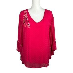 Curations Boho Hot Pink Swiss Dot Floral Embroidered V-Neck Top Size Large